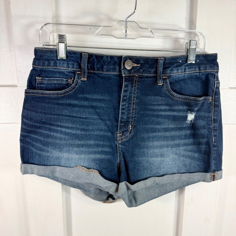 SO Favorite High-Rise Shortie Denim Shorts Dark Wash Cuffed‎ Size 13 Distressed
